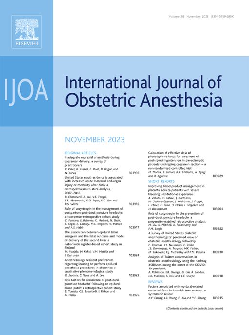 International Journal of Obstetric Anesthesia: Volume 53 to Volume 56 2023 PDF